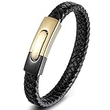 FRER Lederarmband, Geflochtenes Lederarmband, Schlichtes Design/Gold-Edelstahl-Magnetverschluss/Unisex-Armband Aus Schwarzem Leder/Charm-Schmuck Für Damen Und Herren, 19 cm