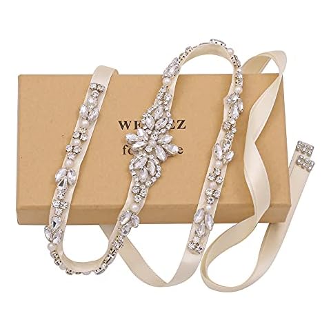 WEZTEZ Thin Bridal Belt with Pearls Rhinestones Shiny Crystal Bridesmaid Beads Sash for Wedding Gown (Ivory) Cover
