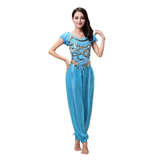 Haodasi Disfraz de danza del vientre para mujer, camiseta de baile + pantalones de linterna, traje profesional de bailarina de carnaval, azul, S