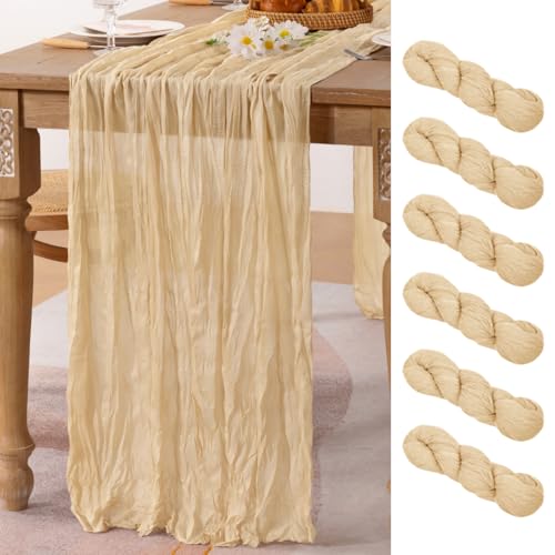 Image of MLMC 6 Pack Champagne Cheesecloth Table Runner 10ft Sand Rustic Gauze Cheese Cloth Table Runner 65x120 Inches for Farmhouse Cozy Holiday Outdoor Events Home Decor