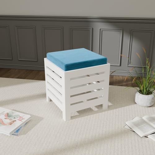 Image of ETIQUETTE ART Cushion Wooden Stool | Foot Stool | Fruit Square Table | Office Bedside Table | Kitchen Stool With Cotton Cover (White & Aqua), 30 Cm X 30 Centimeters