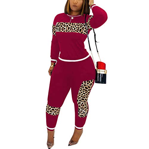 CQWL 2 Piece Outfits for Women Leopard Stitching Tracksuit Outfits,Long Sleeve Casual Sweatpants Suit Red