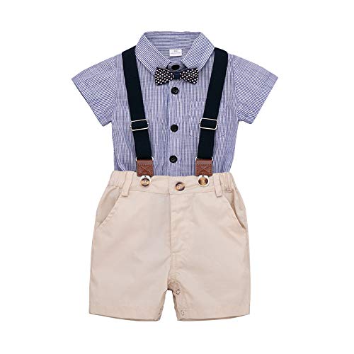 Baby Boys Gentleman Outfits Suits Striped Tee Shirt and Suspender Pnats with Bowtie Toddler Kids Summer Clothes Set