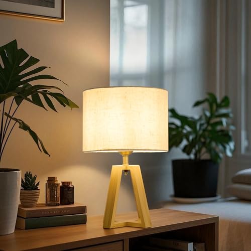 Image of Small Table Lamp, Dimmable Bamboo Bedside Lamp | Mid-Century Modern Style for Bedrooms, Nightstands, Living Rooms, Home Offices, and Reading Nooks