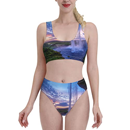 Maillot de bain imprimé paysage cascade au style bikini de sport fendu noir XL