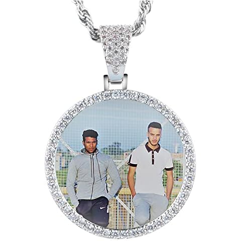 YIMERAIRE Custom Photo Necklace Personalised Picture Necklace For Women Men Customised Circle Pendant Silver / Gold Hip Hop Jewellery Rope Chain With Iced Out Pendant Come With Gift Box Cover