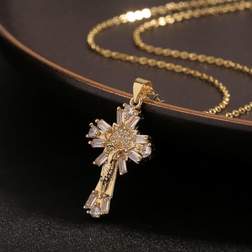 Colar com Crucifixo Feminino Cravejado Jesus Cristo - Paz e Proteção Espiritual + Bolsa de veludo