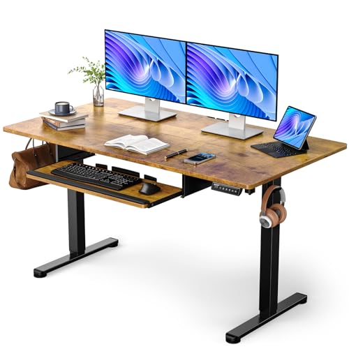 Image of ErGear Electric Standing Desk with Keyboard Tray, 55x28 Inches Adjustable Height Sit Stand Up Desk, Home Office Desk Computer Workstation,Vintage Brown