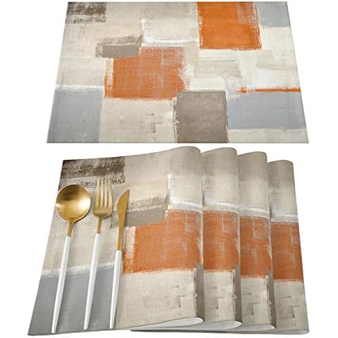 Bingigo Orange Fall Placemats Set of 4 for Dining Table Cotton Linen Heat Insulating Kitchen Table Mats Durable Washable Burnt Orange Brawn Gray Abstract Placemats for Farmhouse Kitchen Table Cover