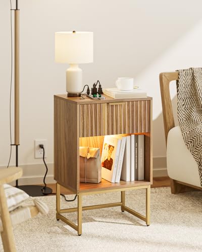 Image of Masupu Fluted Nightstand with Charging Station and LED Lights,Modern Night Stand Wood Bedside Table with Storage Drawer Side End Table for Bedroom,Office,Walnut Brown