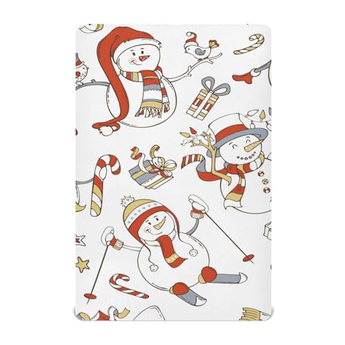 Moudou Christmas Snowman Playard Sheet for Boy Girls, Soft Breathable Fitted Toddler Sheet for Standard Playard Bed Mattress, 39 x 27 x 5 Inch