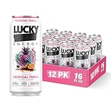 Lucky Energy Sugar Free Energy Drinks, Tropical Thrill, 16oz Cans (12-Pack) Healthy, Zero Sugar Energy Drink with Maca, Ginseng, Beta-Alanine, Taurine & 200mg Caffeine