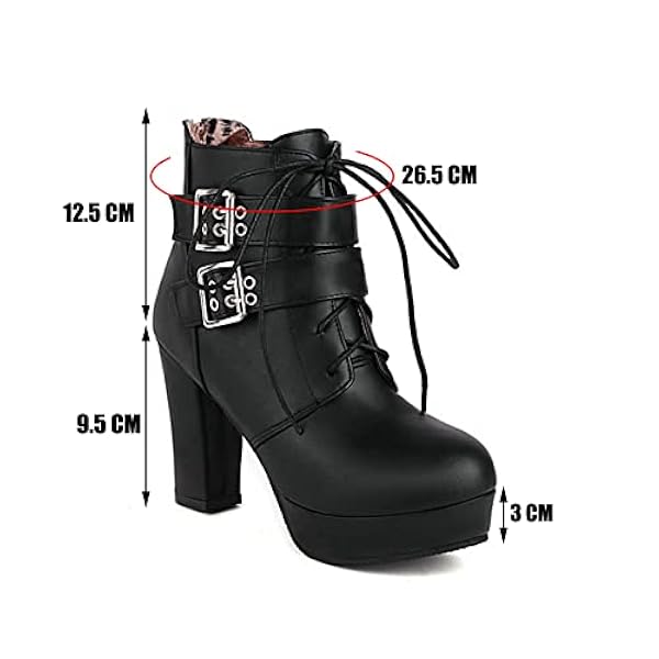 Damesplatform Ankle Boots met verstelbare riemgesp Kace Up Block Heel Combat Boots Zip Knight Laarzen,zwart,43 EU