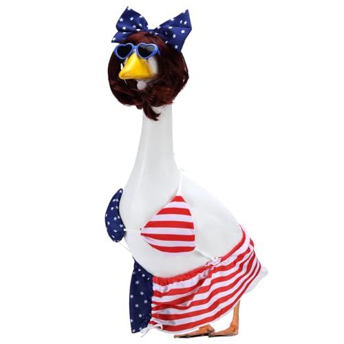 Patriotic Bikini Porch Goose Outfits for 23 Inch Lawn Statue, 4th of July Hawaiian Bikini with Bob Wigs Costume for Plastic/Cement Statue, Duck Sculpture Clothes for Swimming Pool Party Decoration
