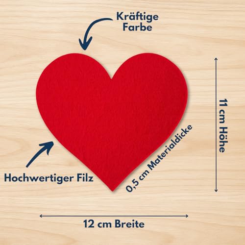 edelkern Filz Herz Untersetzer | 12 Stück | Rote Filzherzen | Rote Untersetzer Deko Herzen für Getränke, Tassen & Gläser | Glasuntersetzer Dekoration für Hochzeit, Empfang, Geburtstag & Party