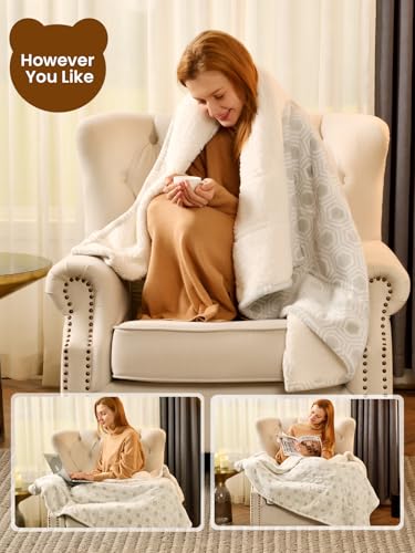 Image of Bearhug Electric Blanket Throw Size, 50 inch x 60 inch Heated Blanket with 6 Heating Levels & 4H Auto Shut-Off, Machine Washable Soft Velvet to Sherpa Reversible Heated Throw for Office, Couch and Sofa