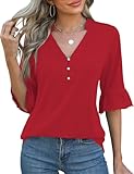 Rapbin Womens V Neck Puff 3/4 Sleeve Button Down Tunic Tops Ruffle Cuffs Blouses Dressy Casual T-Shirts Red