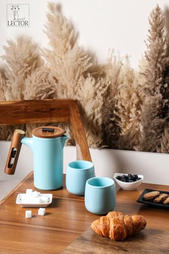 Image of LECTOR Polaris French Press Coffee Maker, 600ML, Ceramic, Manual Coffee & Tea Brewer with Natural Wooden Handle & Lid | Strong Build, Superior Filtration, Innovative 4 Minute Hour Glass Timer (Grey).