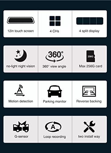 Image of DEVIANT 360 4 Channel Dashboard Camera Full HD 12 inch IPS Touch Mirror Screen Dash Camera with Enhanced Night Vision, Parking Assistance, G-Sensor, and Loop Recording