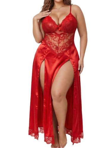 Image of Alrovetoney Plus Size Lingerie For Women Babydoll Sexy Mesh Maxi Nightdress Exotic Sleepwear Side Slits