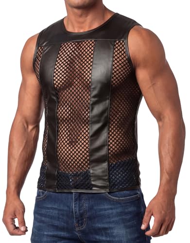 Latex ähnliches Herren Top - Shirt ohne Arm mit Fischnetz Einsätzen (L)