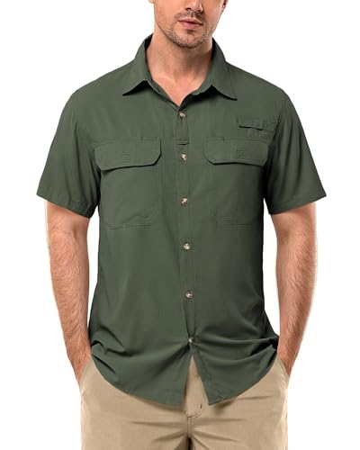 33,000ft Hemd Herren Kurzarm UPF50+ UV Schutz Outdoorhemd Schnelltrocknend Freizeithemd Funktionshemd Wanderhemd für Angeln Safari Reisen Golf Dunkelgrün L