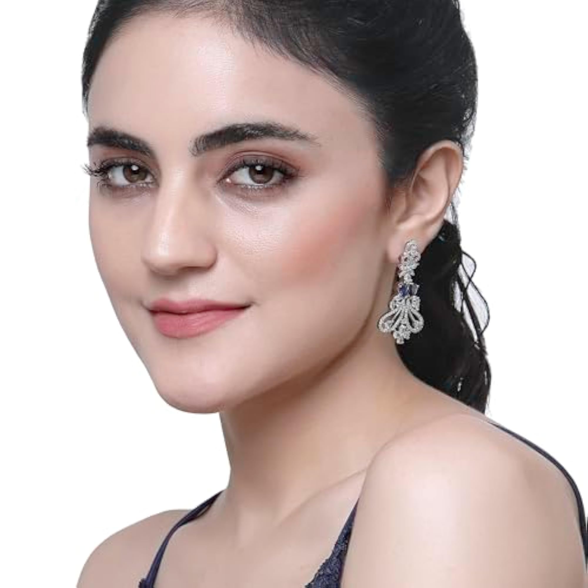 Rhodium-Plated Drop Earrings with American Diamonds