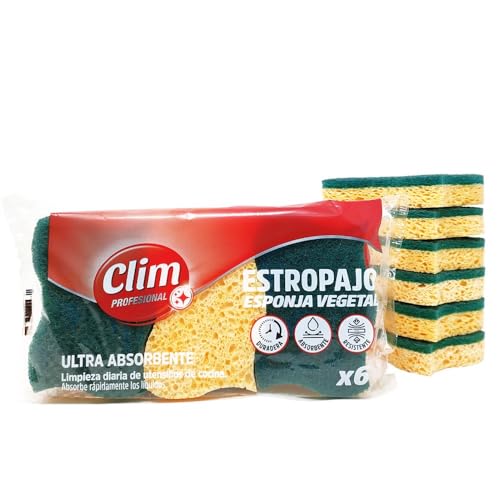 Clim Profesional - 18 Estropajos con Esponja Vegetal de Celulosa y Fibra Verde | Pack 18 uds | Súper Absorbentes Resistentes y Duraderos | Especial Cocinas y Vajillas | Esponja Vegetal Biodegradable
