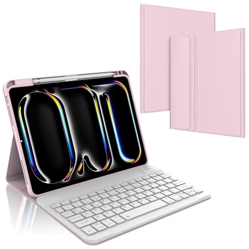 KVAGO Keyboard Case for iPad Pro 11 Inch M4 2024, Magnetic Keyboard Case Detachable Backlit Wireless Keyboard, Stain Resistant Cover with Pencil Holder for iPad 11 Pro M4 2024, Pink