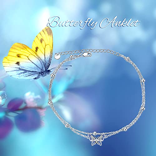 Image of POPLYKE 925 Sterling Silver Double Layered Chain Evil Eye Daisy Sunflower Butterfly Anklets for Women Holiday Beach Crystal Ankle Bracelet Dainty Evil Eye Jewelry