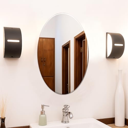 Image of Rousrie Frameless Wall Mirror for Bathroom, Glass, Modern, Clear, Wall Mount, 45 x 30 cm (1, Oval)