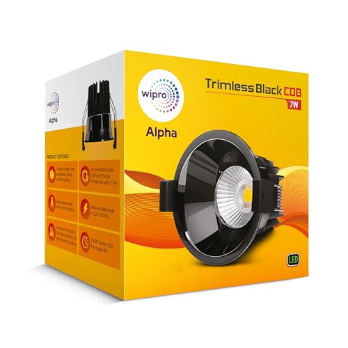 Image of wipro 7 Watt Alpha Trimless Black COB | Warm White (2700K) | Aluminium PDC Heat Sink | Sharp Beam Angle with Reflector for Home, Office and Store Cabinet Display | Pack of 1