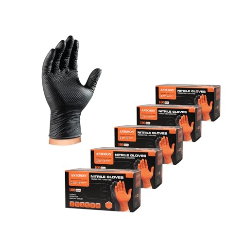 10mil Nitrile-Gloves Disposable-Black Chemical-Resistant Rubber - Mechanic Gloves Heavy Duty, Latex Free, Diamond Grip (500, Medium)