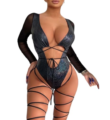 Womens Rave Wear One Piece Bodysuit Snakeskin Print Sexy Leg Rings Swimsuit for Festival Dance Rave Clothing