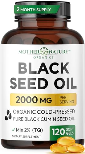 Black Seed Oil Capsules 1000mg, Organic Cold Pressed Black Cumin, High TQ, Immune & Joint Support, 120 Count (2 Month Supply)
