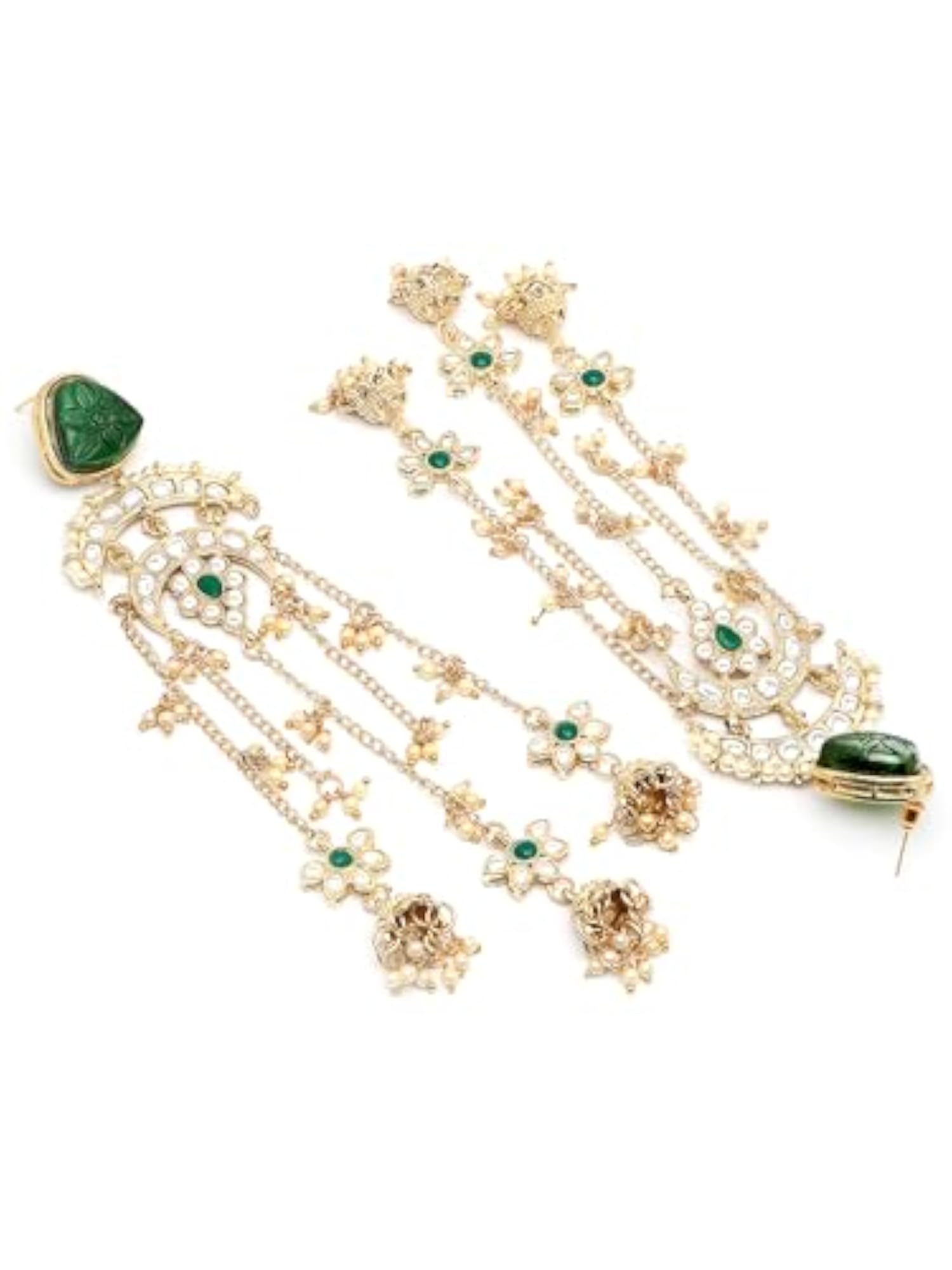 Ethnic Gold Plated Green Carved Stone Long Dangler Earrings