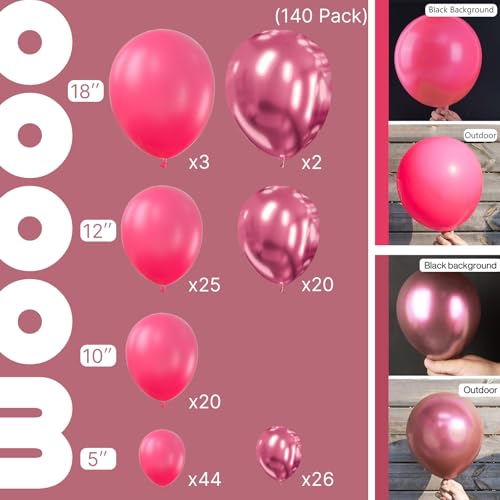 Image of PartyWoo Magenta Balloons, 140 pcs Magenta and Metallic Dark Pink Balloons Different Sizes Pack of 18 Inch 12 Inch 10 Inch 5 Inch for Balloon Garland or Arch as Birthday Decorations, Party Decorations