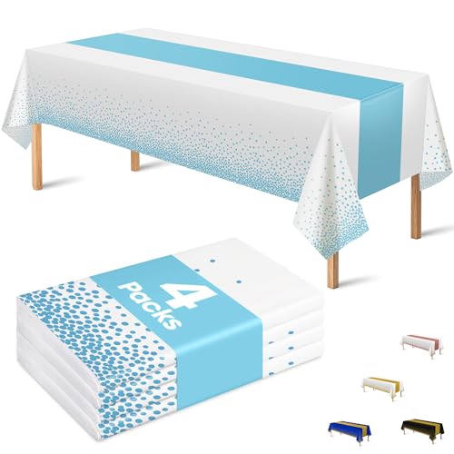 Image of OHOME 4 Pack Disposable Plastic Table Cloths for Parties,White and Light Blue Rectangle Table Covers for Birthday Baptism Decorations - Baby Shower Decorations Boy | Baby Shower Favors 54 inch x 108 inch