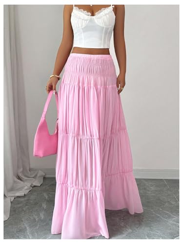 OYOANGLE Women's Tiered Maxi Skirt Elastic Waist Swing Flowy Ruffle A Line Beach Boho Skirts2