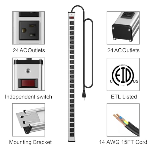 24 Oulet Long Power Strip,Heavy Duty Metal Socket Power Strip,Aluminum with 15-Foot Extension Power Cord,ETL Certified