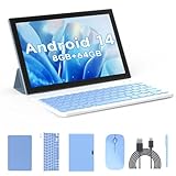 Tablet 2 in 1 Tablets 10 inch Android 14 Tablet Set with Keyboard Case Mouse Stylus Film, 8GB+64GB Tablets 10.1' Tab 1280*800 HD Touch Screen, 8MP Dual Camera Games Wi-Fi Bluetooth Tableta PC Blue.