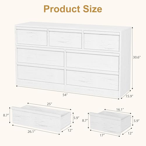 GarveeHome 7 Drawer Dresser for Bedroom, Antique White 7 Chest of Drawers with Large Storage Space, Wooden Dresser Organizer for Living Room, Nursery, Entryway