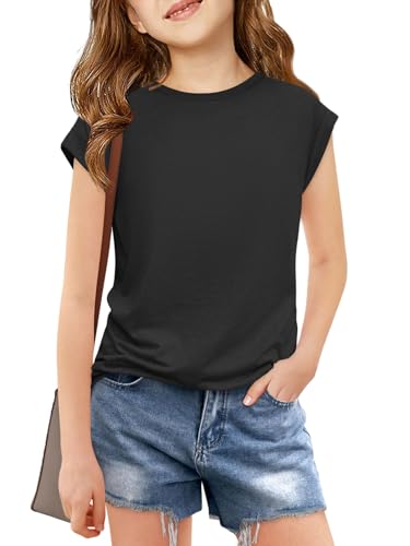 Image of Haloumoning Girls Cap Sleeve T Shirts Kids Summer Crewneck Solid Tops Tees 5-14 Years
