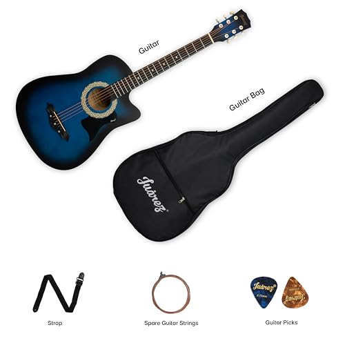 Image of JUAREZ 38 Inch Cutaway Acoustic Guitar Kit with Pick Guard | ABS Neck & Fingerboard | Linden Wood Body | Steel Strings | Blue Sunburst | Guitar Bag, Strap, Picks & Spare Strings, JRZ38CAB-TBS-KIT