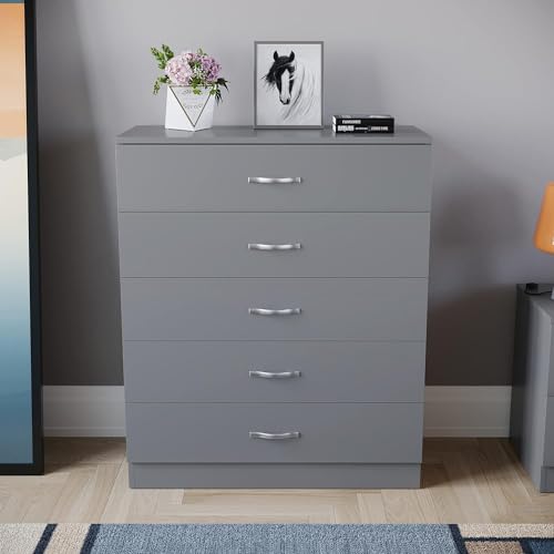 Image of 5-Drawer Gray Dresser with Metal Handles and Slides, Unique Anti-Sag Drawer Support, Bedroom Storage Unit