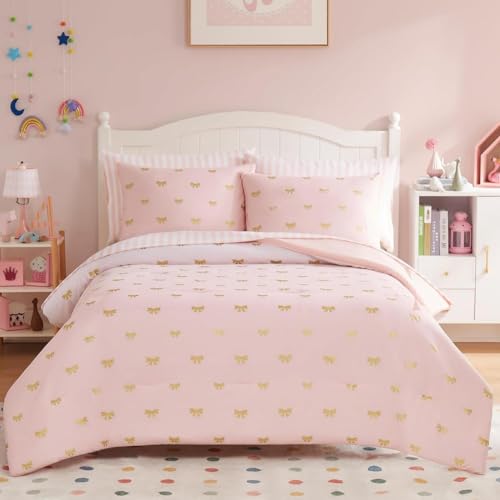 Image of Queen Comforter Set with Sheets for Girls-7 Pieces Soft Queen Bedding Sets | Bed in A Bag with Pink White Gradient Comforter, Pillowcases & Shams, Bow, 90 inch X 90 inch