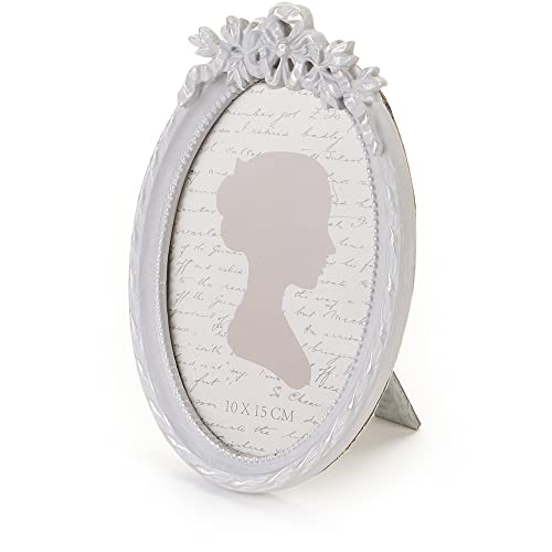 Nuvole Di Stoffa Cornice Da Tavolo Portafoto Con Fiore In Rilievo, Ovale In Resina Grigia, Shabby Chic Effetto Anticato Belle Epoque Foto: 10X15 Cm