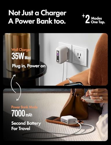 Image of LISEN [Practical&Lazy Design 3 in 1 Travel Essentials Power Bank,7000mAh 35W Fast Charging with Wall Plug and Build-in Cable for iPhone 17 16 15 Pro Max Plus,Samsung Galaxy,iPad,Android,Mint Green