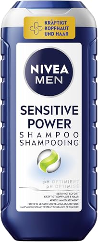 NIVEA MEN Sensitive Power Shampoo (250 ml), uspokajający szampon dla mężczyzn z ekstraktem z nasion konopi do codziennego użytku, wzmacniający szampon do włosów przeciwko swędzeniu skóry głowy