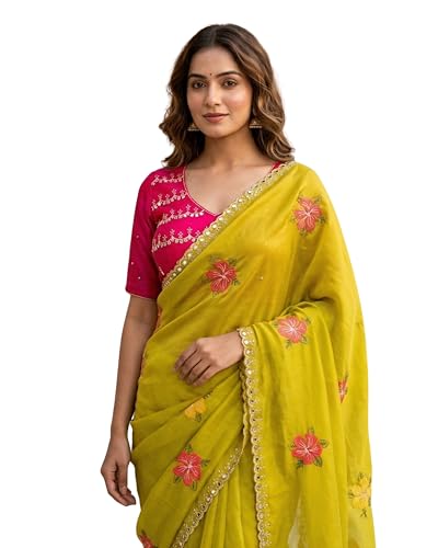 Image of Handcrafted Floral Embroidered Saree with Contrast Blouse